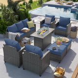 UDPATIO Outdoor Patio Furniture Set with 44" Fire Pit Table, 8 Pieces Sectional Conversation Sets, All-Weather Wicker Rattan Sofa Ottoman with 4" Thick Cushion for Garden Backyard Deck, Navy Blue UDPATIO