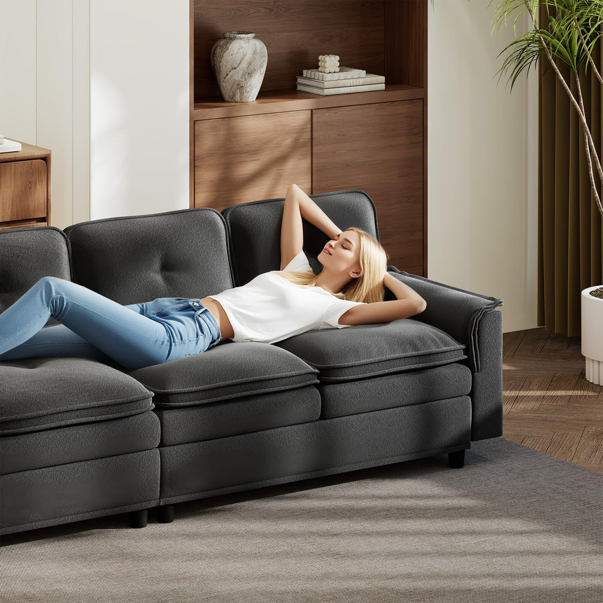 Vlsrka 100" Modular Sectional Cloud Couch with Storage Ottoman, 4-Seater Teddy Velvet Deep Seat Modern Sofa with Removable Cushion for Living Room, Bedroom and Apartment (Dark Grey) Vlsrka