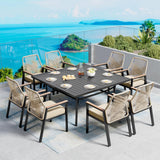 9 Pieces Patio Dining Set, 8 x Woven Rattan Chairs with Waterproof Cushion, 60" Square Metal Dining Table with Umbrella Hole, Outdoor Table and Chairs Set for Backyard Lawn and Deck, Beige SUNSHINE VALLEY
