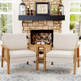 Awonde Ivory Accent Chair Linen Mid Century Modern Upholstered Living Room Chairs with Natural Rattan Arms Bedroom Reading Armchair Awonde