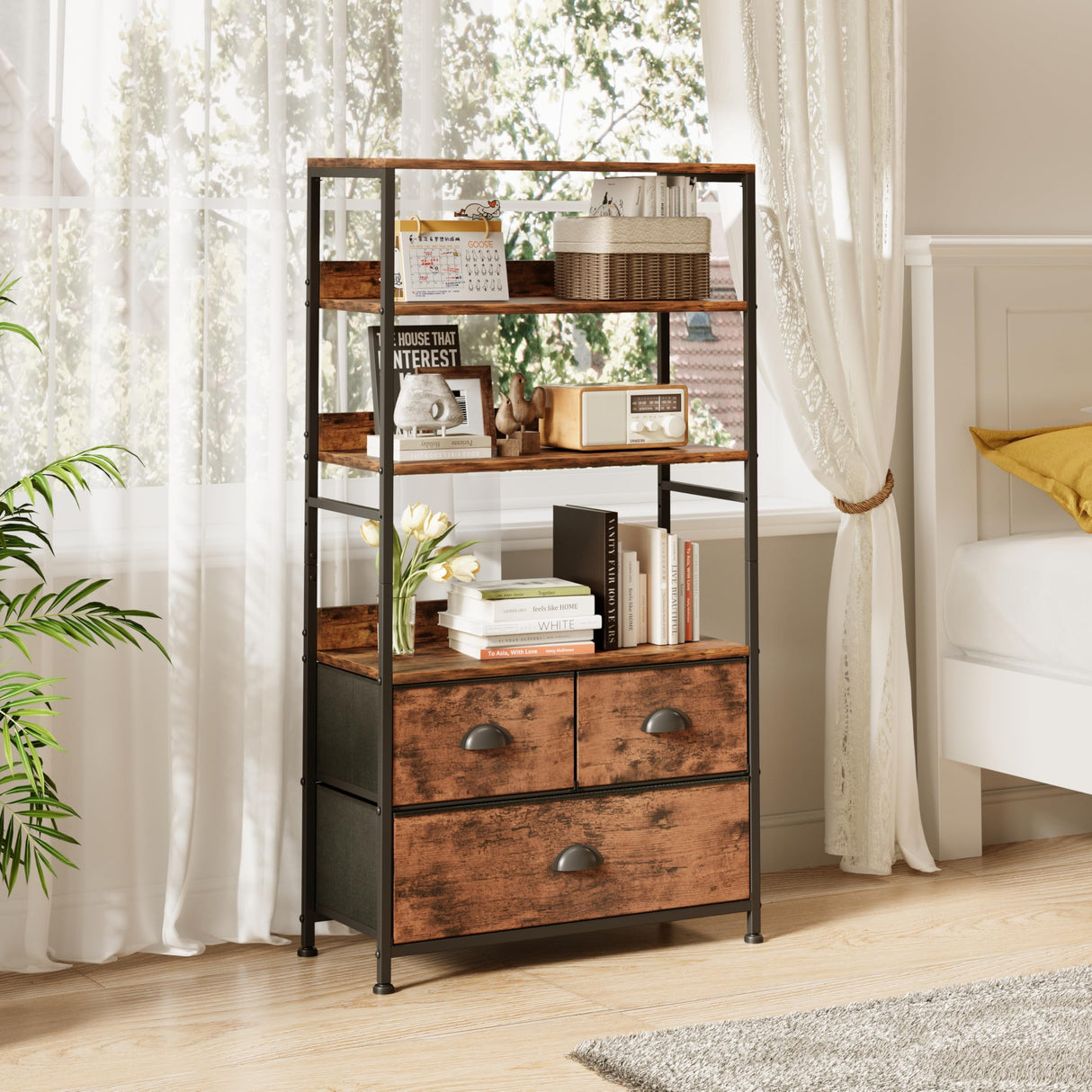 6 Tier Bookshelf, 47-Inch Small Bookcase with 3 Fabric Storage Drawers, Wood and Metal Book Shelf Storage Organizer, Industrial Display Standing Shelf Unit for Bedroom, Living Room, Rustic Brown Mexin