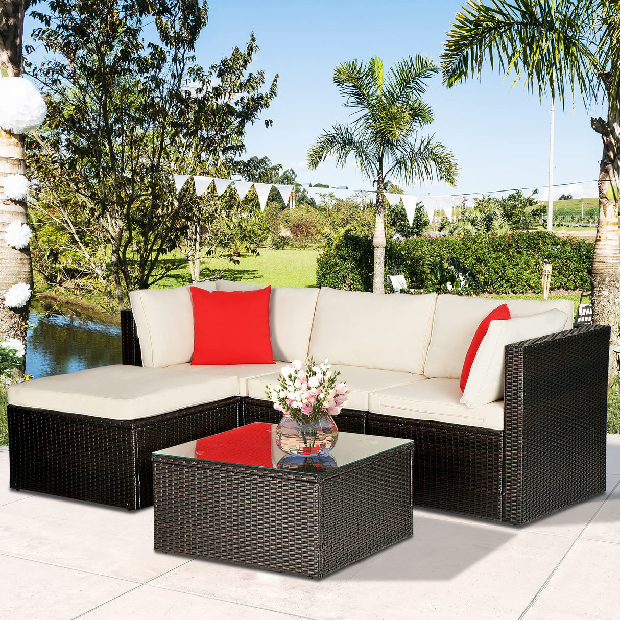 5 Pieces Patio Furniture Outdoor Wicker Sectional Patio Rattan Chair Conversation Backyard Lawn Porch Poolside Balcony Garden Sofa Set with Glass Coffee Table, Brown PayLessHere