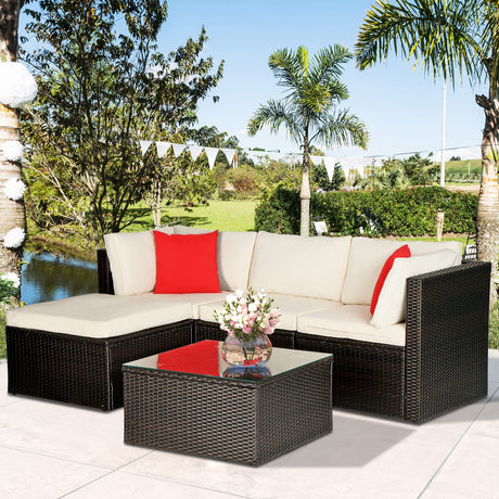 5 Pieces Patio Furniture Outdoor Wicker Sectional Patio Rattan Chair Conversation Backyard Lawn Porch Poolside Balcony Garden Sofa Set with Glass Coffee Table, Brown PayLessHere