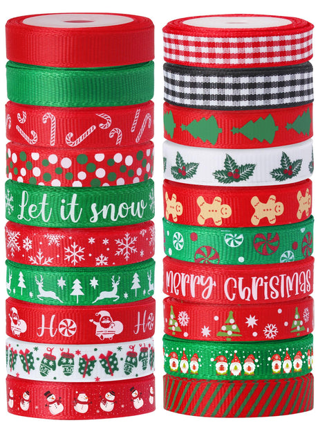 Vloso 20 Rolls 100 Yards Christmas Ribbon for Gift Wrapping,3/8 Inch Christmas Grosgrain Ribbon,Christmas Ribbon for Crafts DIY Holiday Christmas Decorations Vloso