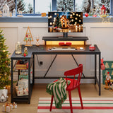 Bestier 58 L Shaped Gaming Desk with LED Lights & Power Outlets,Reversible Home Office Corner Desk with Shelves,Larger PC Workstation with Hooks for Studying,Desk for Bedroom,Carbon Fiber Black Bestier