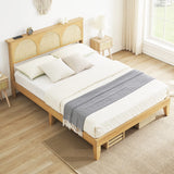 Amyove 12.4 Inch Deluxe Solid Wood Queen Bed Frame with Rattan Headboard and LED Lights Amyove