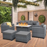 Lviden 6 Pieces Wicker Patio Furniture Sets Outdoor Conversation Set PE Rattan Sectional Sofa Couch with 45" Fire Pit Table and Grey Cushions Lviden