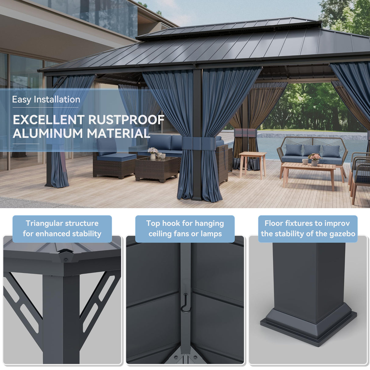 Kurapika 12' x 20' Hardtop Outdoor Metal Gazebo with Galvanized Steel Double Roof Canopy, Curtain and Netting, Aluminum Permanent Pavilion Gazebo, Navy Blue Kurapika