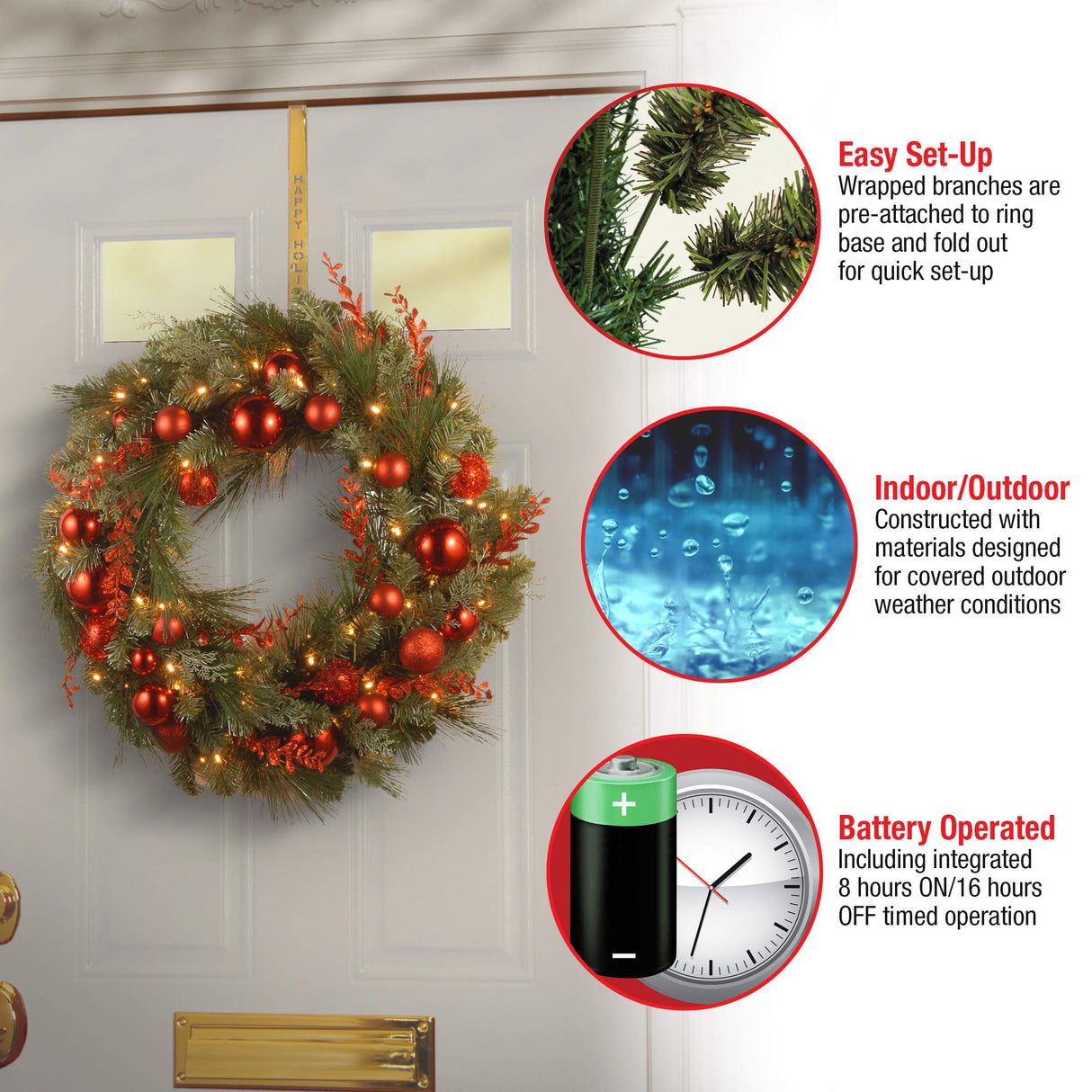 National Tree Company Pre-Lit Artificial Christmas Wreath, Green, Evergreen, White Lights, Decorated with Ball Ornaments, Red Sprigs, Christmas Collection, 24 Inches National Tree Company