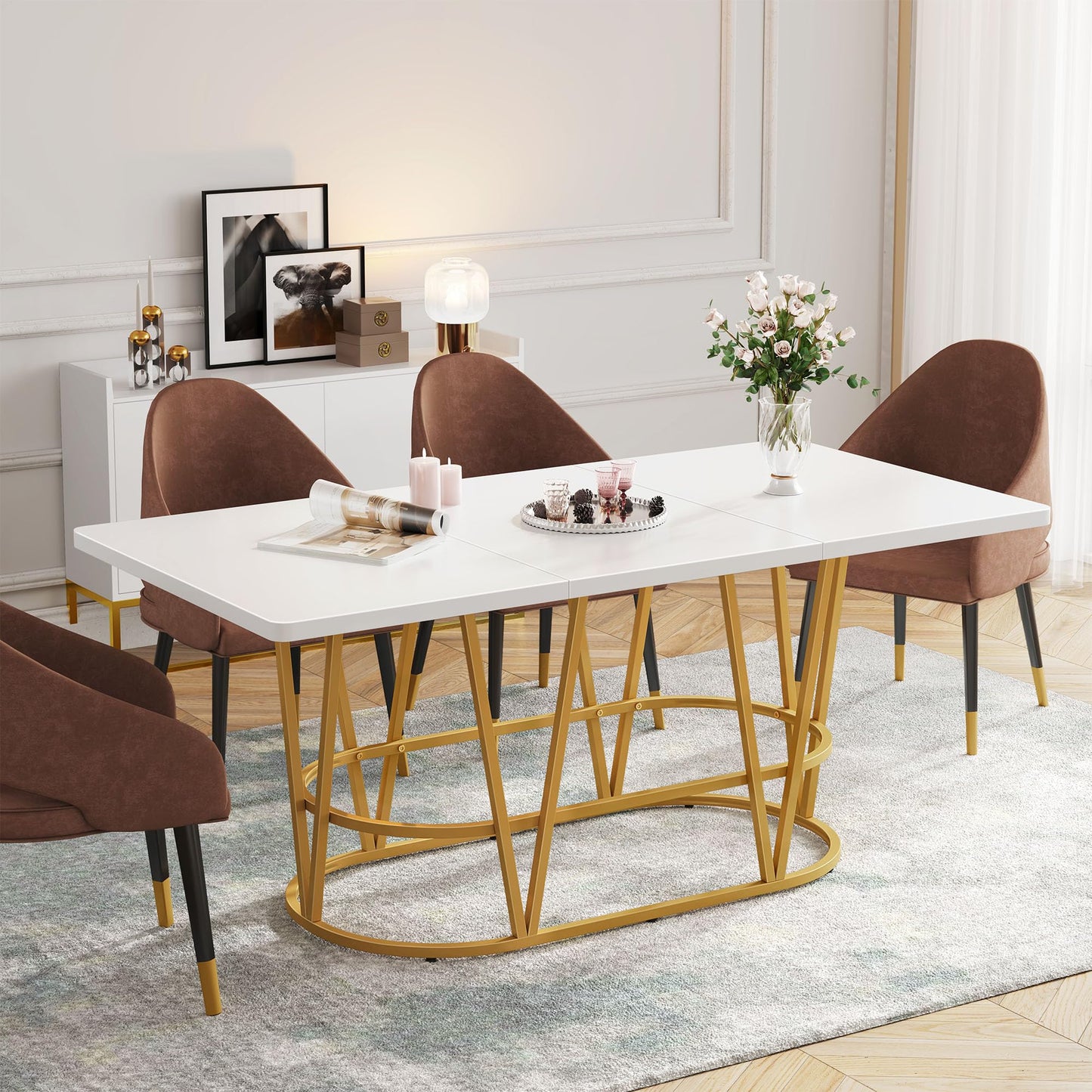 DWVO Modern Dining Table for 6-8 People, 70.3'' Large Kitchen Table with Faux Marble Tabletop and Gold Geometric Legs, Wooden Dinner Table for Dining Room Family Gathering, White & Gold - WoodArtSupply