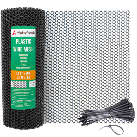 AlpineReach Plastic Wire Mesh 1.3ft x 30ft (15.7" x 360") Fence Roll with Zip Ties - Ideal for Poultry, Dogs, Rabbit Barrier & Gardening, Durable Chicken Mesh, Versatile Rigid Fencing & Netting, Black AlpineReach