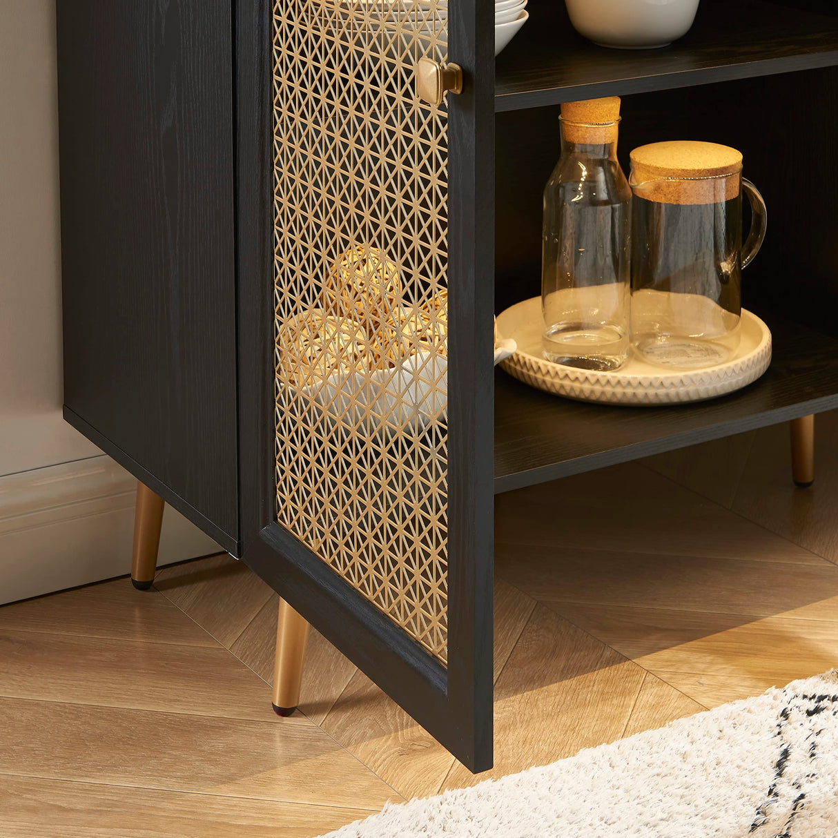 EDYO LIVING 63" Metal Decorative Sideboard Buffet Cabinet with LED Light, Black Credenza Storage Cabinet, Wood Accent Cabinet with 4 Doors for Living Room EDYO LIVING