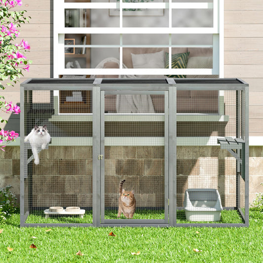 COZIVVOVV Outdoor Cat Enclosures, Weatherproof Catio for Cats, Large Cat Cage with 3 Platforms and Litter Box, Wooden Cat Crates for Indoor Cats & Cat House, Grey