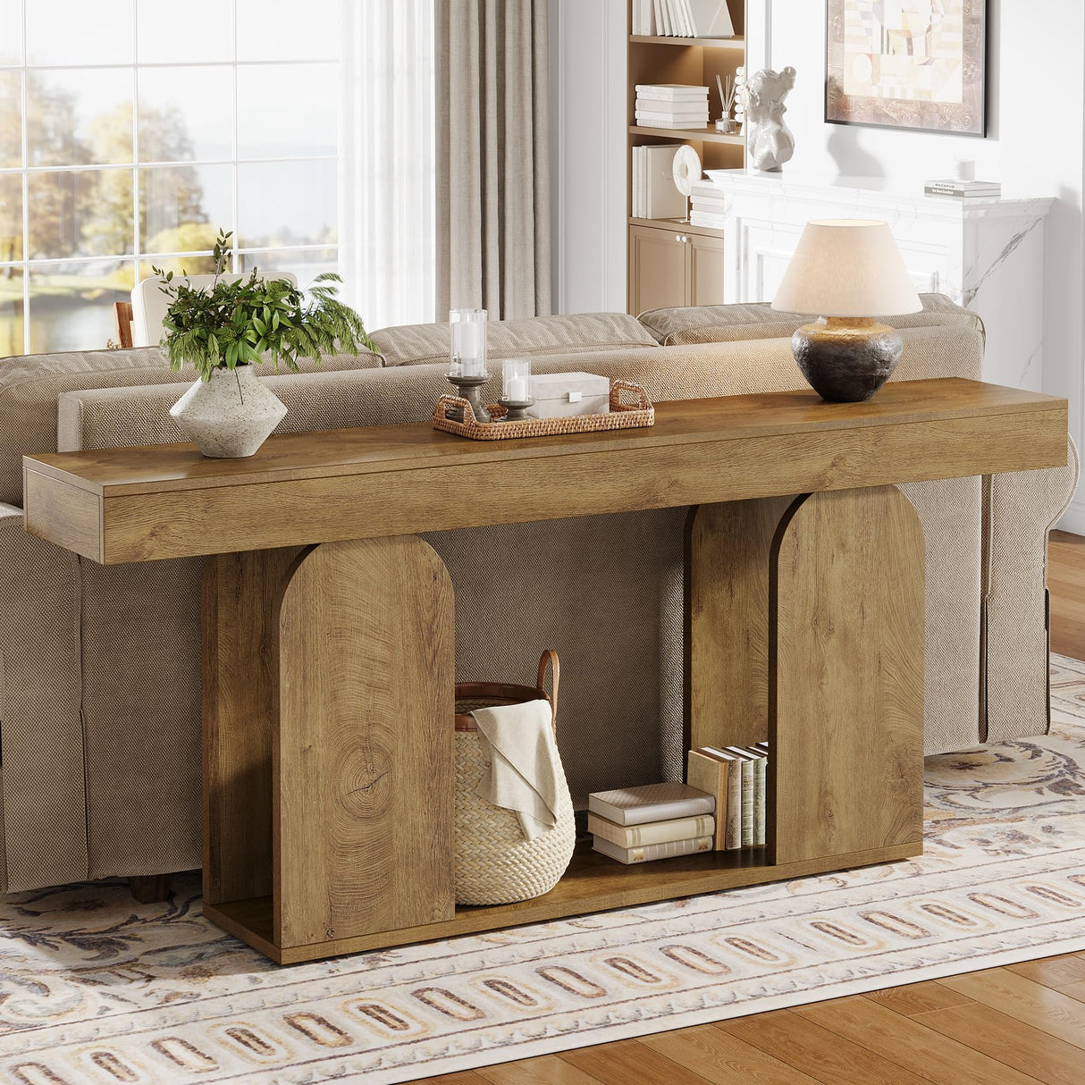 Tribesigns 70.9-Inch Extra Long Sofa Table, Farmhouse Console Tables with Wood Frame and Storage Shelf, 2-Tier Wood Table Behind Couch for Living Room, Hallway, Foyer, Light Brown Tribesigns