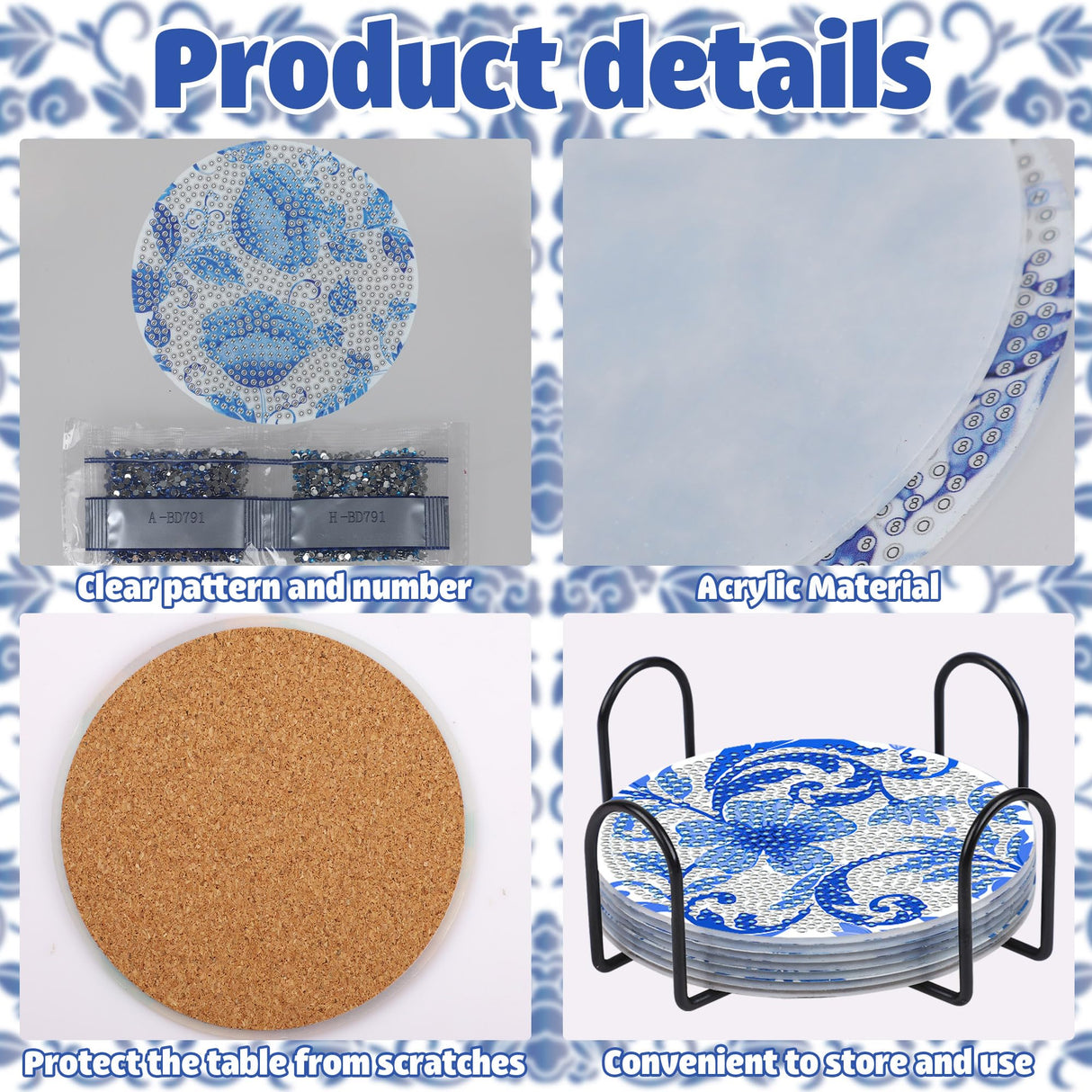 Diamond Art Coaster Blue Flower Diamond Painting Kits 5D DIY Acrylic Diamond Coasters with Cork Base and Holder for Adults DIY Craft, 8 PCS Augisteen