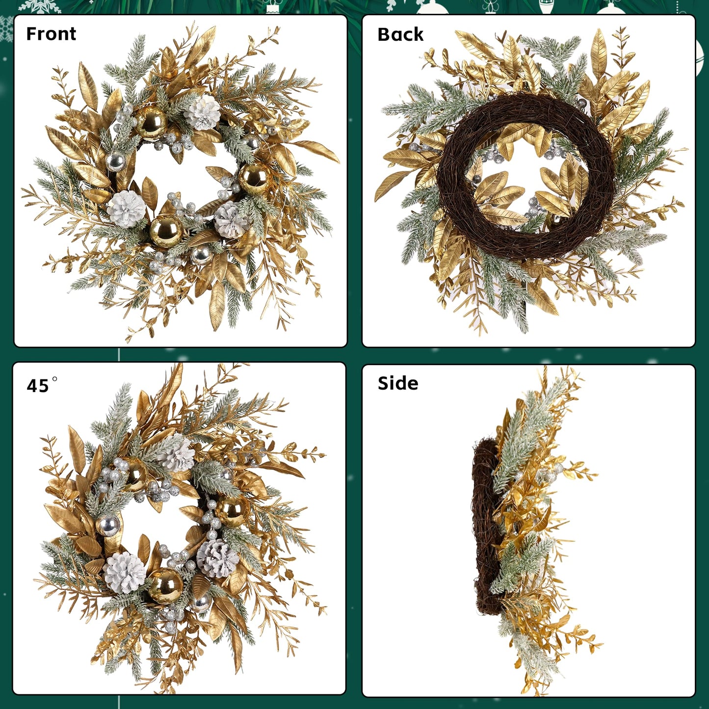 Zavothy Christmas Wreath 20 Inch Christmas Door Decorations Wreath with Warm Lights,Christmas Balls, Pine Cones, Golden Twigs, Pine Needles and Silver Berries for Door Window Outdoor Home Decoration