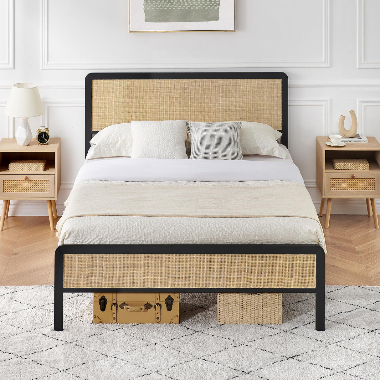 GarveeHome Queen Rattan Platform Bed Frame, Queen Size Bed Frame with Natural Rattan Headboard and Footboard, Metal Bed Frame with Under Bed Storage and Strong Slats Support, No Box Spring Needed GarveeHome