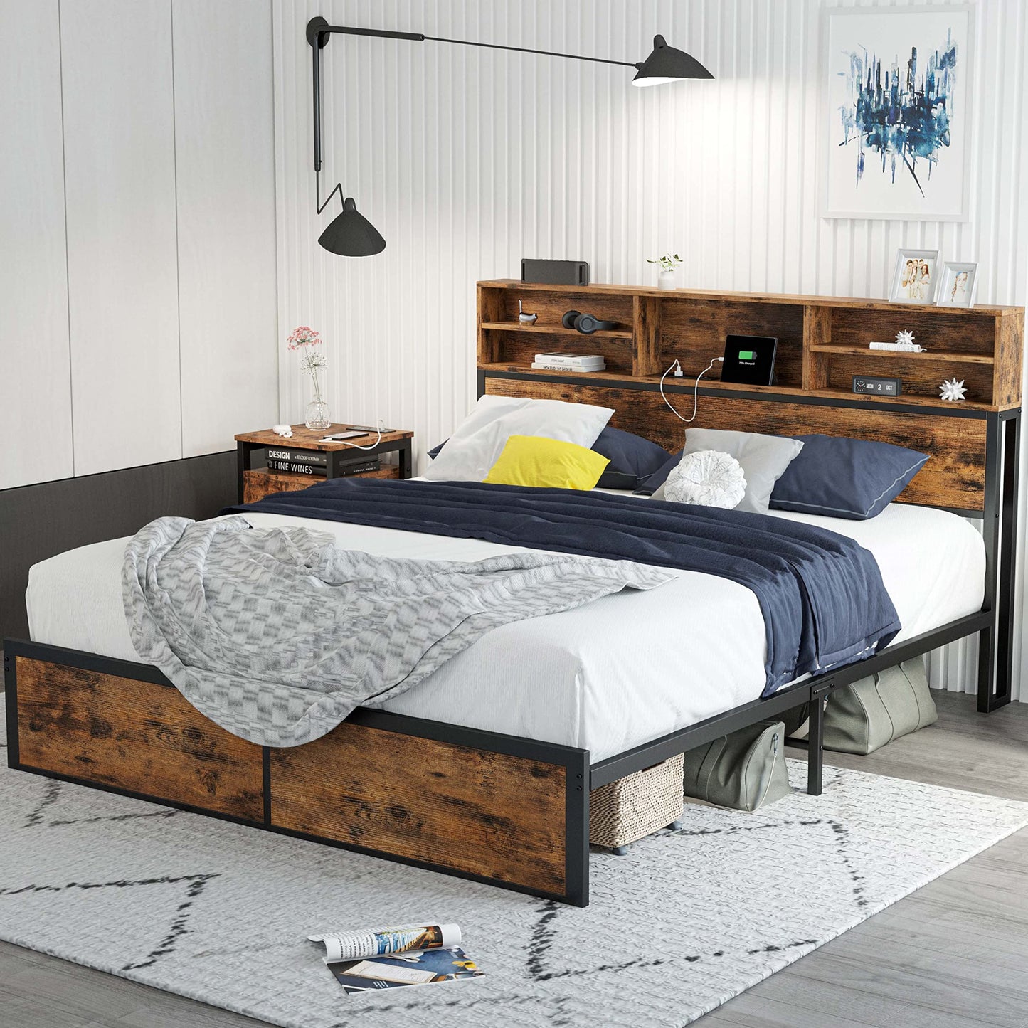 LIKIMIO Vintage Brown Queen Bed Frame with Bookcase Headboard and Charging Station - WoodArtSupply