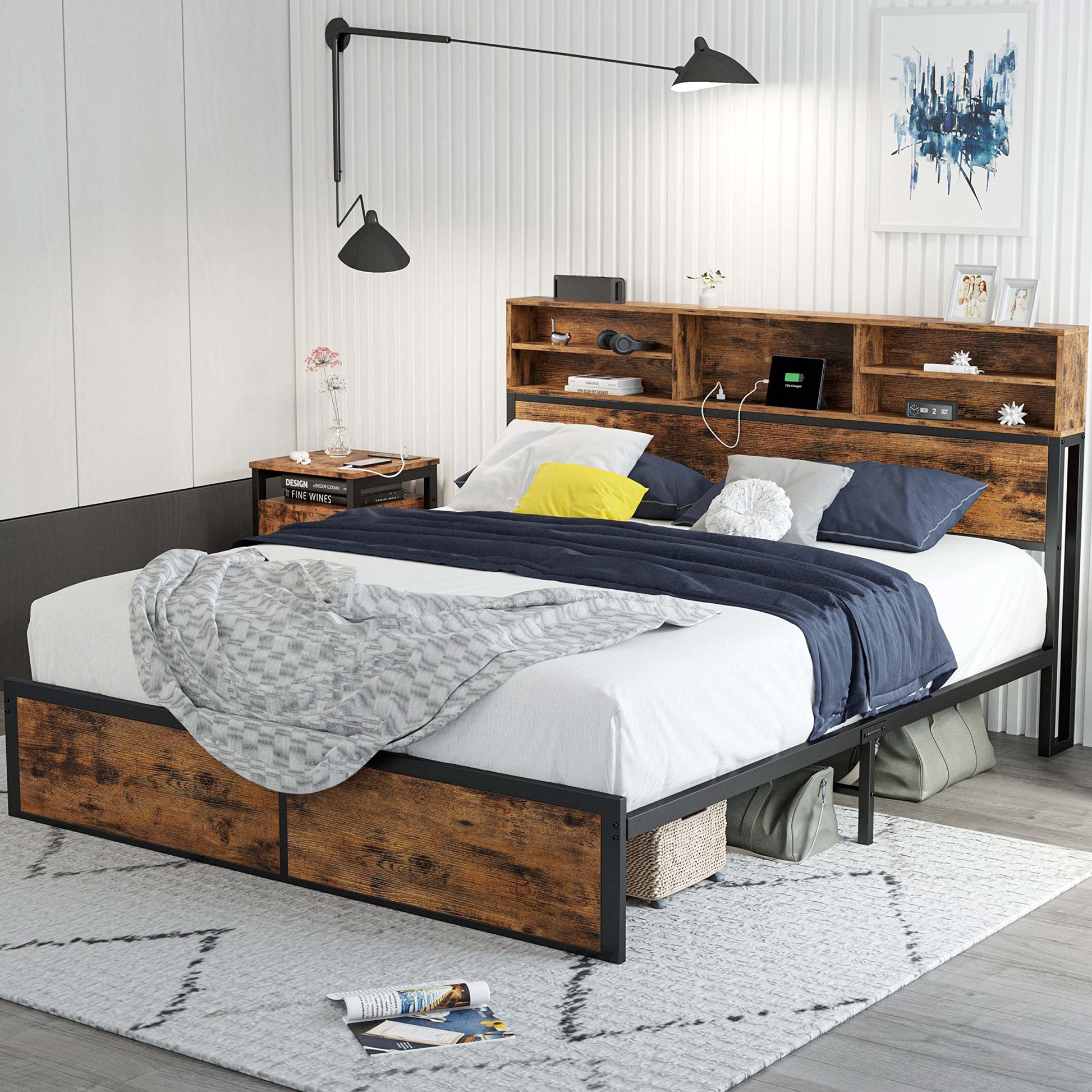 LIKIMIO Vintage Brown Queen Bed Frame with Bookcase Headboard and Charging Station - WoodArtSupply