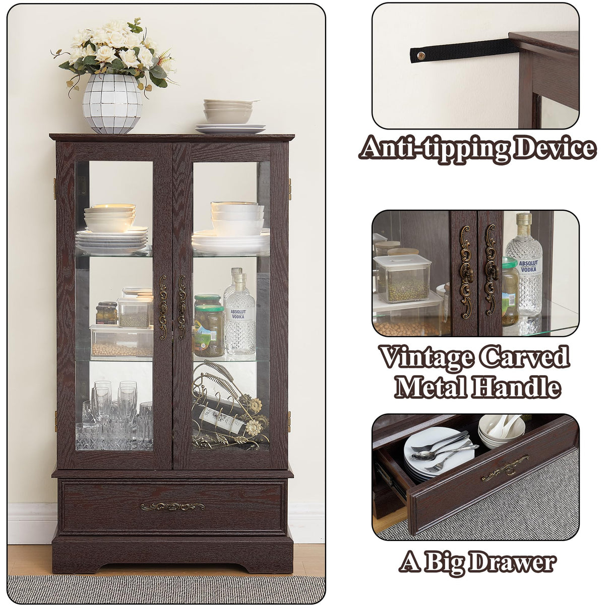 nifoti 47" H Lighted Curio Cabinet Display Case, Glass Cabinet with Adjustable Shelves,Tempered Glass Door and Drawer, Wooden Curio Cabinet with Mirrored Back Pane for Living Room (Dark Cherry) nifoti
