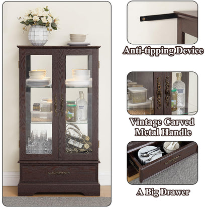 nifoti 47" H Lighted Curio Cabinet Display Case, Glass Cabinet with Adjustable Shelves,Tempered Glass Door and Drawer, Wooden Curio Cabinet with Mirrored Back Pane for Living Room (Dark Cherry)