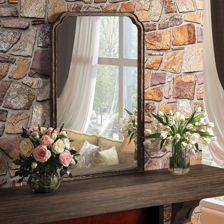 Acovy 24"x36" Solid Wood Bathroom Mirror Rounded Corner Tempered Glass for Wall Mounted, Rustic Wood Frame Wall Mirror Decorative for Living Room Bedroom Vanity Mirror Entryway Mirror, Rustic Brown Acovy