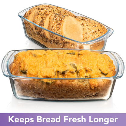 Razab LARGE 7.6 Cups/1800 ML/1.9 Qt Glass Loaf Pan with Lids (Set of 2) - Meatloaf Pan BPA free Airtight Lids Grip Handle Easy Carry, Microwave and Oven Safe - Loaf Pans For Baking Bread, Cakes