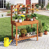 Happygrill Wooden Potting Bench Table, 61" Garden Planting Workstation w/ 3-Tier Open Shelf, Flip-up Tabletop, Bottom Storage Rack, Indoor Outdoor Flower Pot Bench for Backyard, Balcony, Lawn HAPPYGRILL