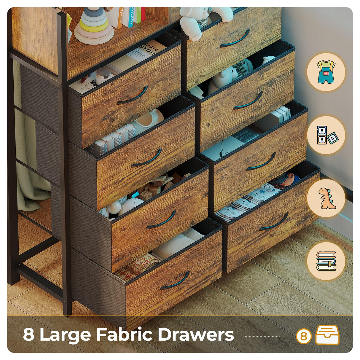 ADORNEVE Twin Size Loft Bed with Desk and 8 Storage Drawers, Metal Kids Loft Bed Twin with LED Lights & Charging Sation, Storage Shelves, 13.1" H Safety Guard & Ladder, Rustic Brown ADORNEVE