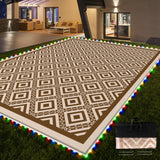 RV Outdoor Rug with Lights 8x10ft, Outdoor Camping Rug, Waterproof, Easy Cleaning, Non Shedding, Foldable and Portable, Reversible Mats for RV, Deck, Beach, Camping, Patio, Picnic (Brown & White) Pafolo