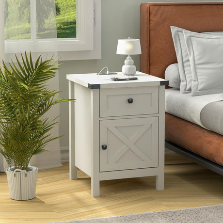 Farmhouse Nightstand with Charging Station, White Side Table, Rustic End Table with Barn Door and Drawer, Rustic Floating Nightstands Modern Bed Side Table Night Stand for Bedroom and Living Room HOSEOKA