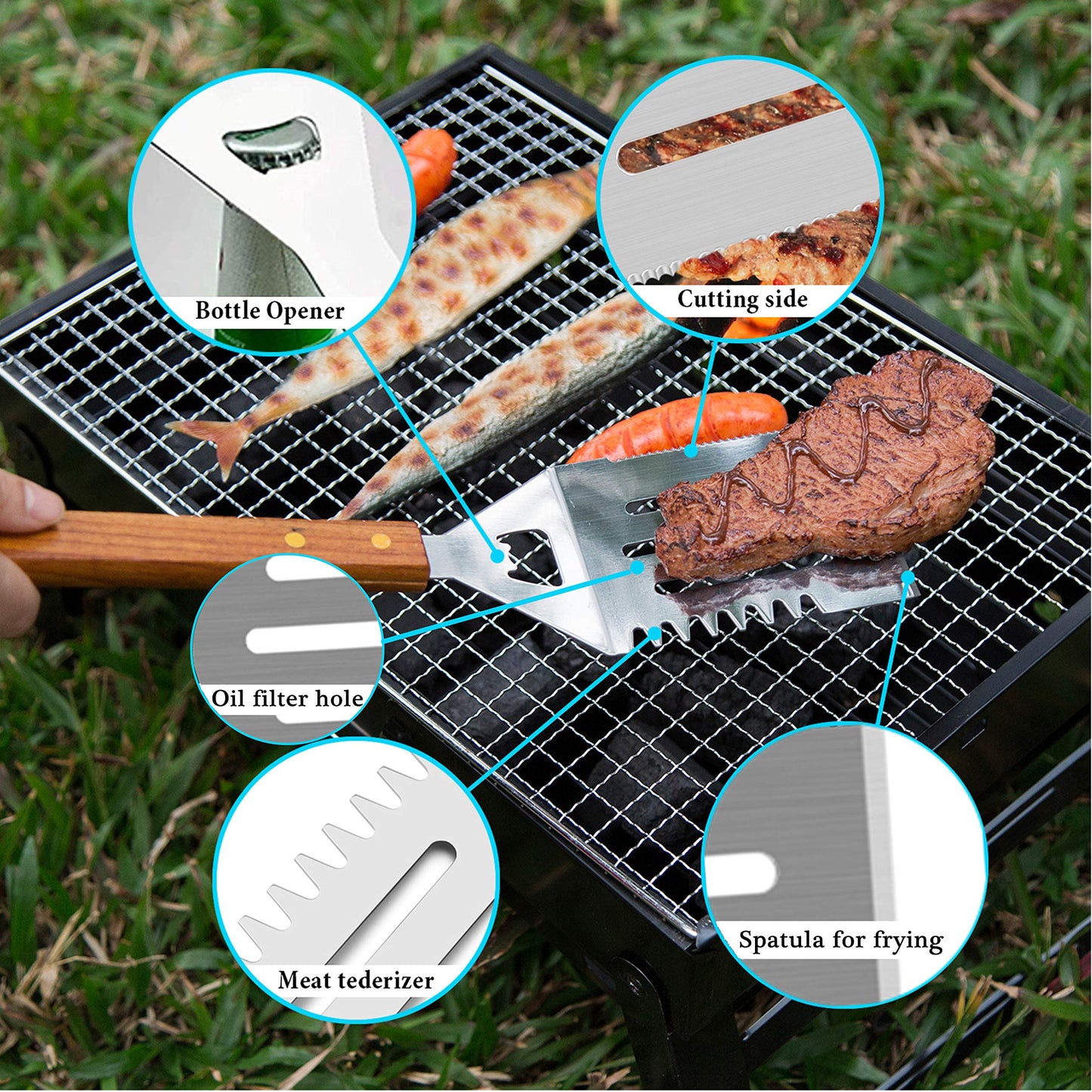 IMAGE Wooded BBQ Accessories Grilling Tools,Stainless Steel BBQ Tools Grill Tools Set for Cooking, Backyard Barbecue & Outdoor Camping Gift for Man Dad Women Barbecue Enthusiasts Set of 4