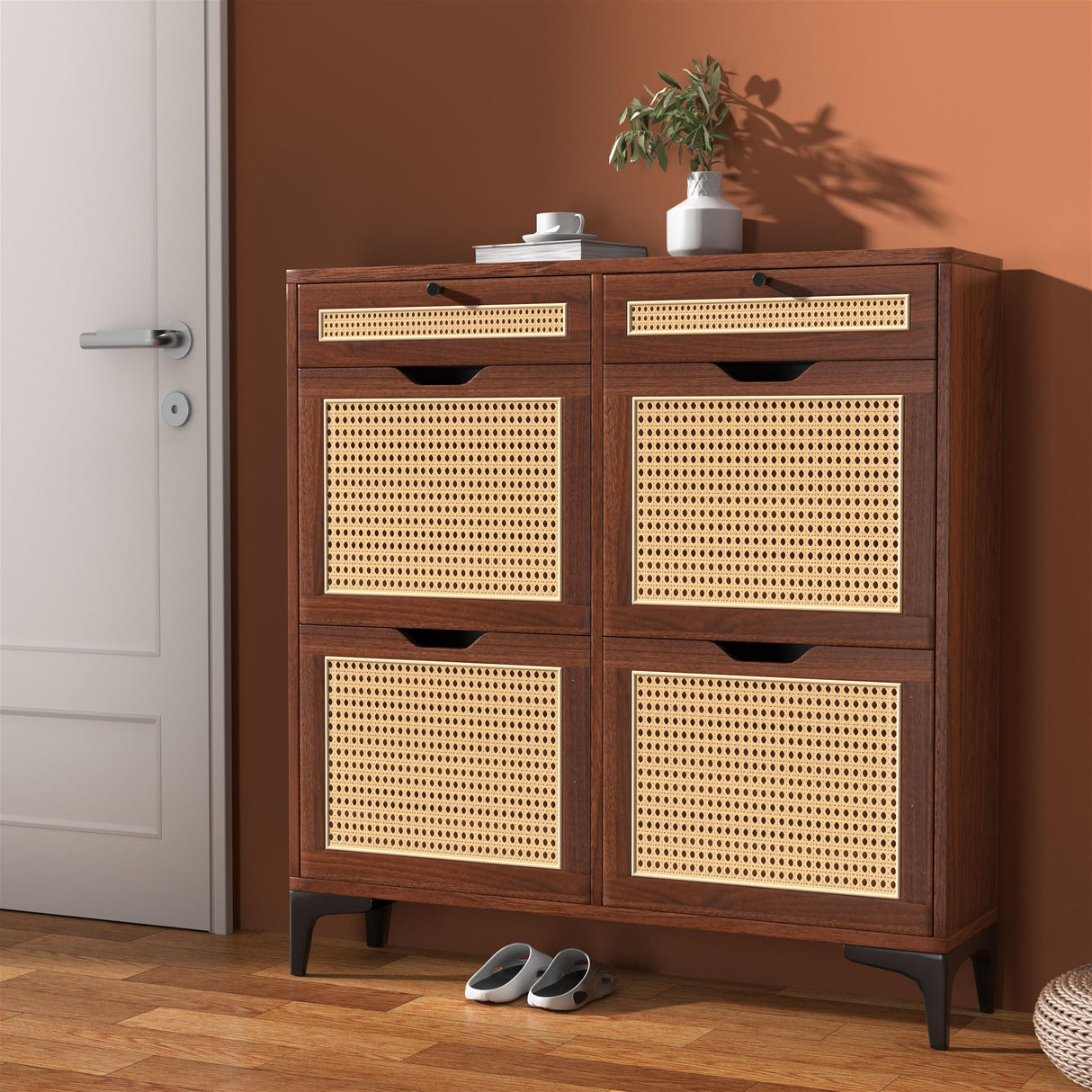 Algglobuy Rattan Shoe Storage Cabinet with 4 Flip Drawers for Entryway, Slim Narrow Shoe Organizer Cabinet with 2 Top Drawers, Dark Brown Algglobuy