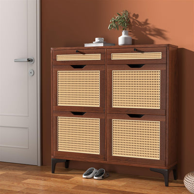 Algglobuy Rattan Shoe Storage Cabinet with 4 Flip Drawers for Entryway, Slim Narrow Shoe Organizer Cabinet with 2 Top Drawers, Dark Brown