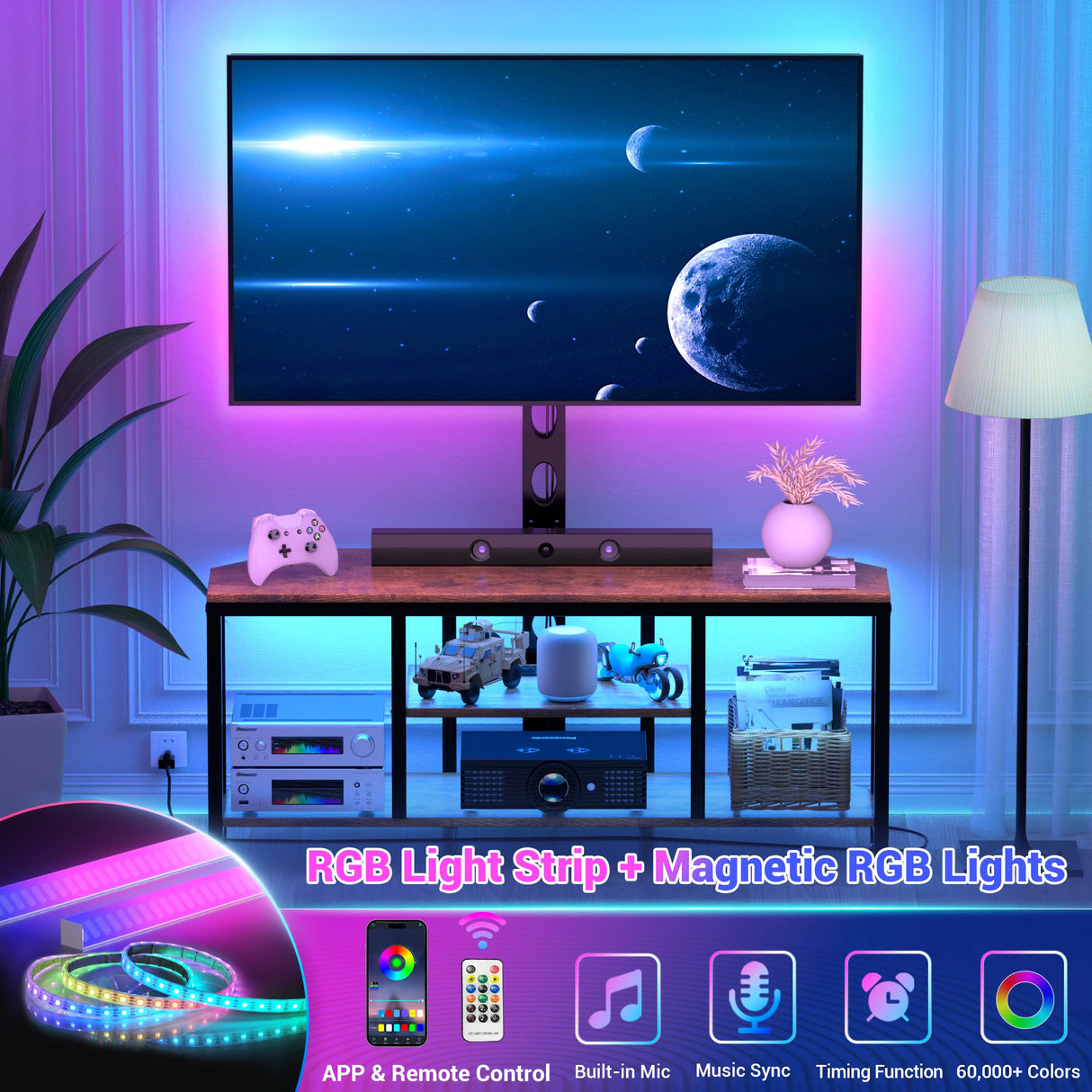 BACEKOLL TV Stand with Mount and LED Light, Corner TV Stand with Storage and Power Outlet, Swivel Television Stand Console for TV Up to 60", Entertainment Center for Living Room, Bedroom, Rustic Brown BACEKOLL