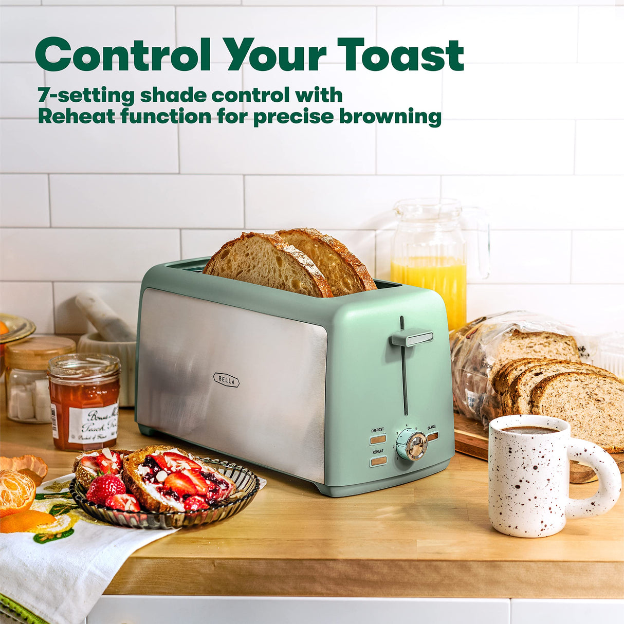 BELLA 4 Slice Toaster, Long Slot & Removable Crumb Tray, 7 Shading Options with Auto Shut Off, Cancel & Reheat Button, Toast Bread & Bagel, Stainless Steel & Sage BELLA