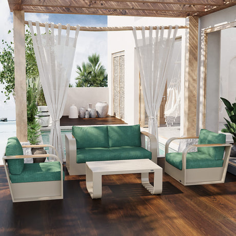 EAST OAK Signature 4 Pieces Patio Furniture Set, Aluminum Outdoor Furniture with Teak Wood Armrest, Sofa and Coffee Table Patio Set, Modern Patio Conversation Set for Porch, Champagne Gold & Green EAST OAK