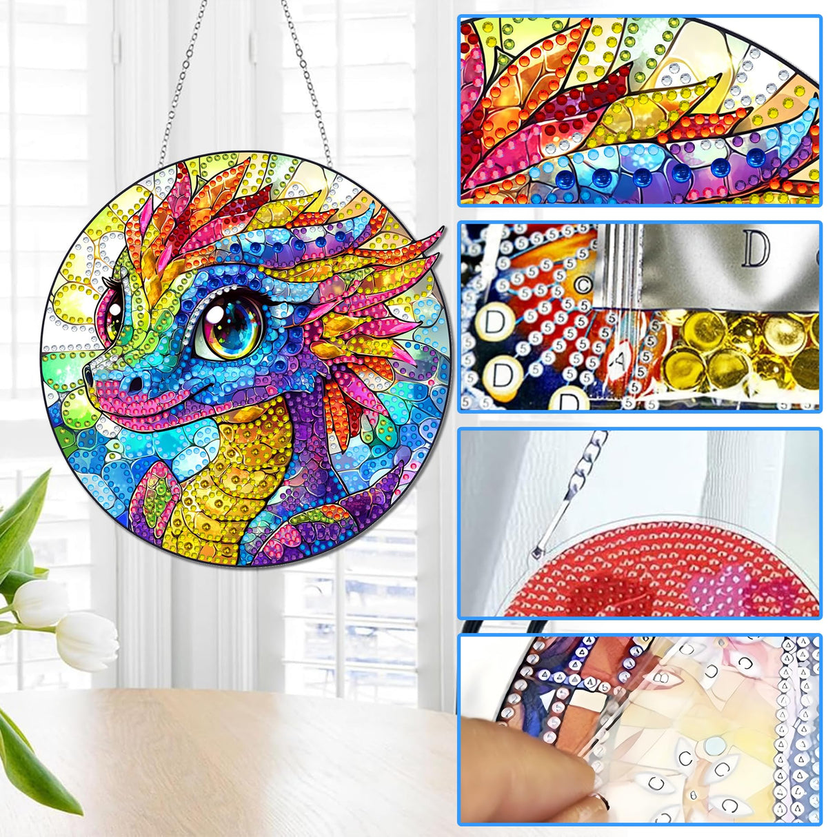 Reofrey Hanging Diamond Art Kits for Adults - 8x8 Inch Dinosaur Acrylic Board Double Sided Pattern Diamond Painting Suncatcher Pendant, DIY Crystal Art for Home Wall or Window Decoration Handmade Gift Reofrey