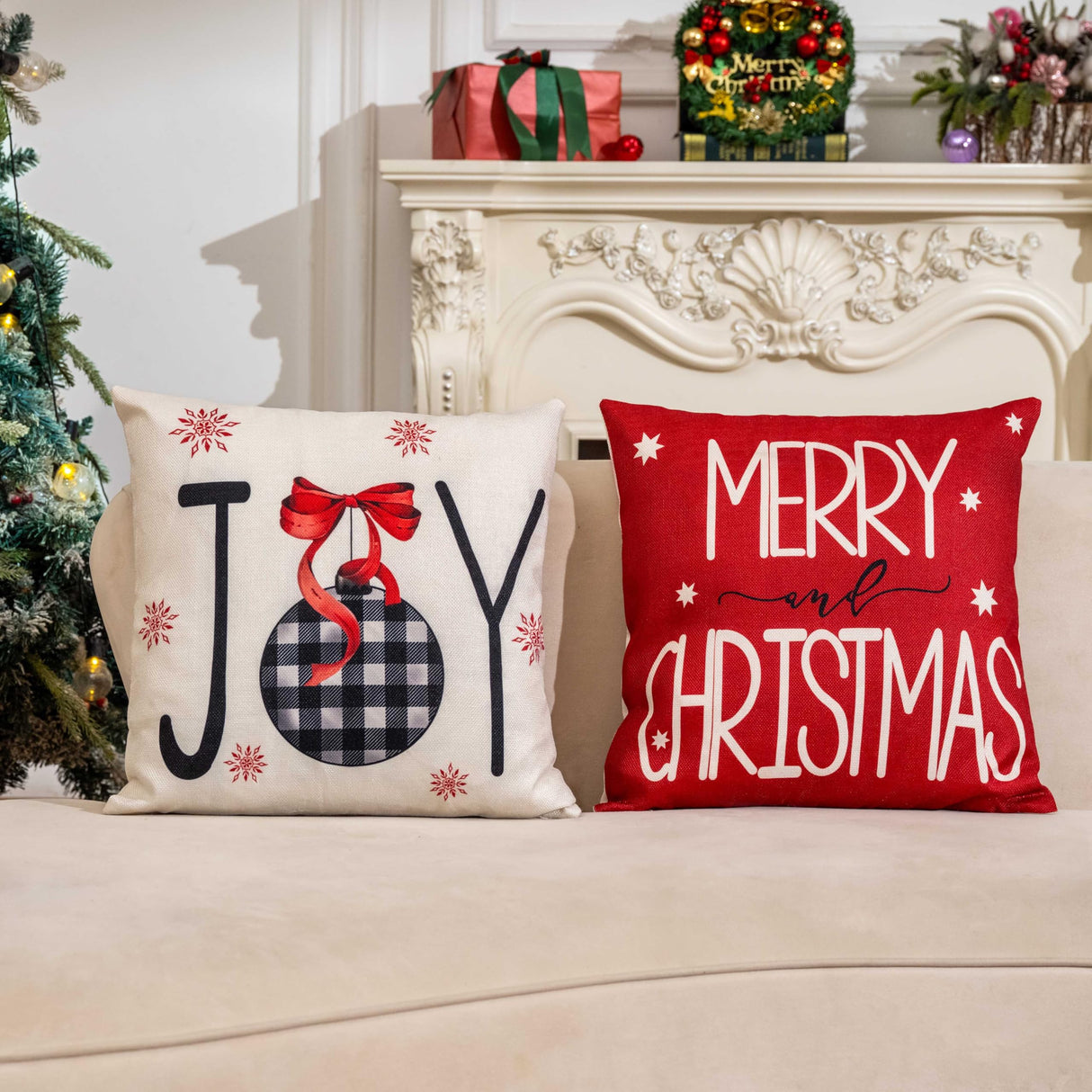 Red Christmas Decorations-Throw Pillow Covers 18x18 in Set of 4,Decorative Joy Snowflake Pillow Case for Couch Sofa Winter Holiday Indoor Outdoor Home Red White Xams Decorations Hongsome