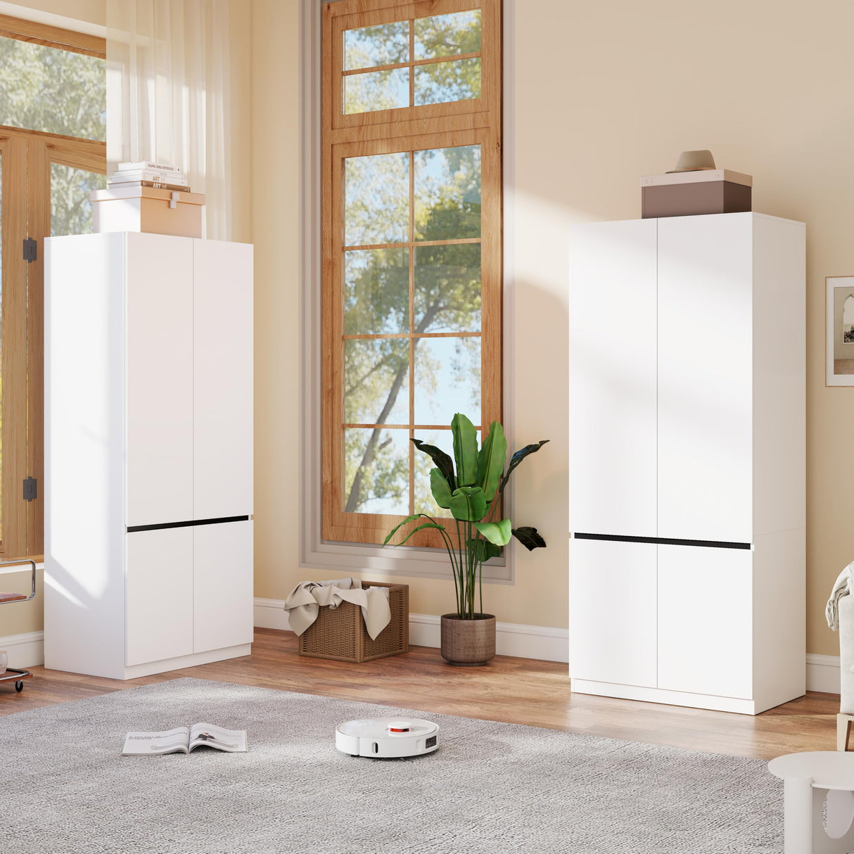 Mhsatyrs Armoire Wardrobe Closet with Doors: 75" White Large Wardrobe Closet with 4 Doors, Clothes Cabinets for Bedroom Armoires with Storage, Wood Wardrobes Closets for Hanging Clothes (C+C, 63") Mhsatyrs