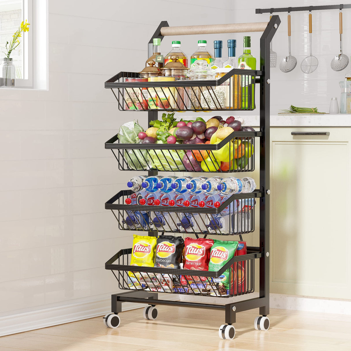 COVAODQ Snack Cart with Wheels 4-Tier Adjustable Fruit Rack Fruit Vegetable Basket Cart Metal Wire Storage Cart Rolling Pantry Utility Kitchen Cart COVAODQ