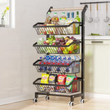 COVAODQ Snack Cart with Wheels 4-Tier Adjustable Fruit Rack Fruit Vegetable Basket Cart Metal Wire Storage Cart Rolling Pantry Utility Kitchen Cart COVAODQ