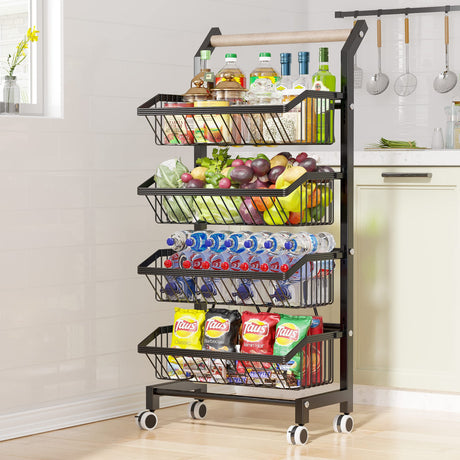 COVAODQ Snack Cart with Wheels 4-Tier Adjustable Fruit Rack Fruit Vegetable Basket Cart Metal Wire Storage Cart Rolling Pantry Utility Kitchen Cart COVAODQ