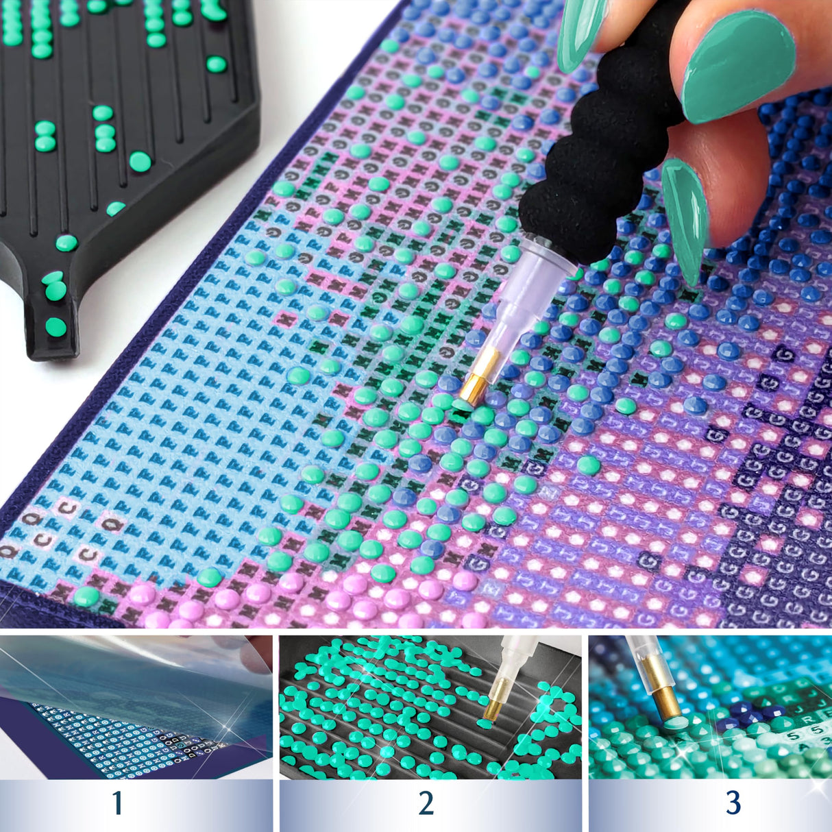 ArtSkills Diamond Painting Kit, Diamond Art Ready to Hang Framed Canvas with Storage and Accessory Kit, Northern Lights, 3 Stretched Canvas Panels, 14” x 7” Each ArtSkills