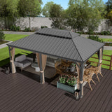 Yardsight 12' x 18' Hardtop Gazebo, Aluminum Frame Pavilion with Galvanized Steel Double Roof Heavy Duty Permanent Gazebo with Mosquito Netting and Privacy Curtain for Patio, Garden, Lawn. Yardsight