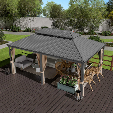 Yardsight 12' x 18' Hardtop Gazebo, Aluminum Frame Pavilion with Galvanized Steel Double Roof Heavy Duty Permanent Gazebo with Mosquito Netting and Privacy Curtain for Patio, Garden, Lawn. Yardsight