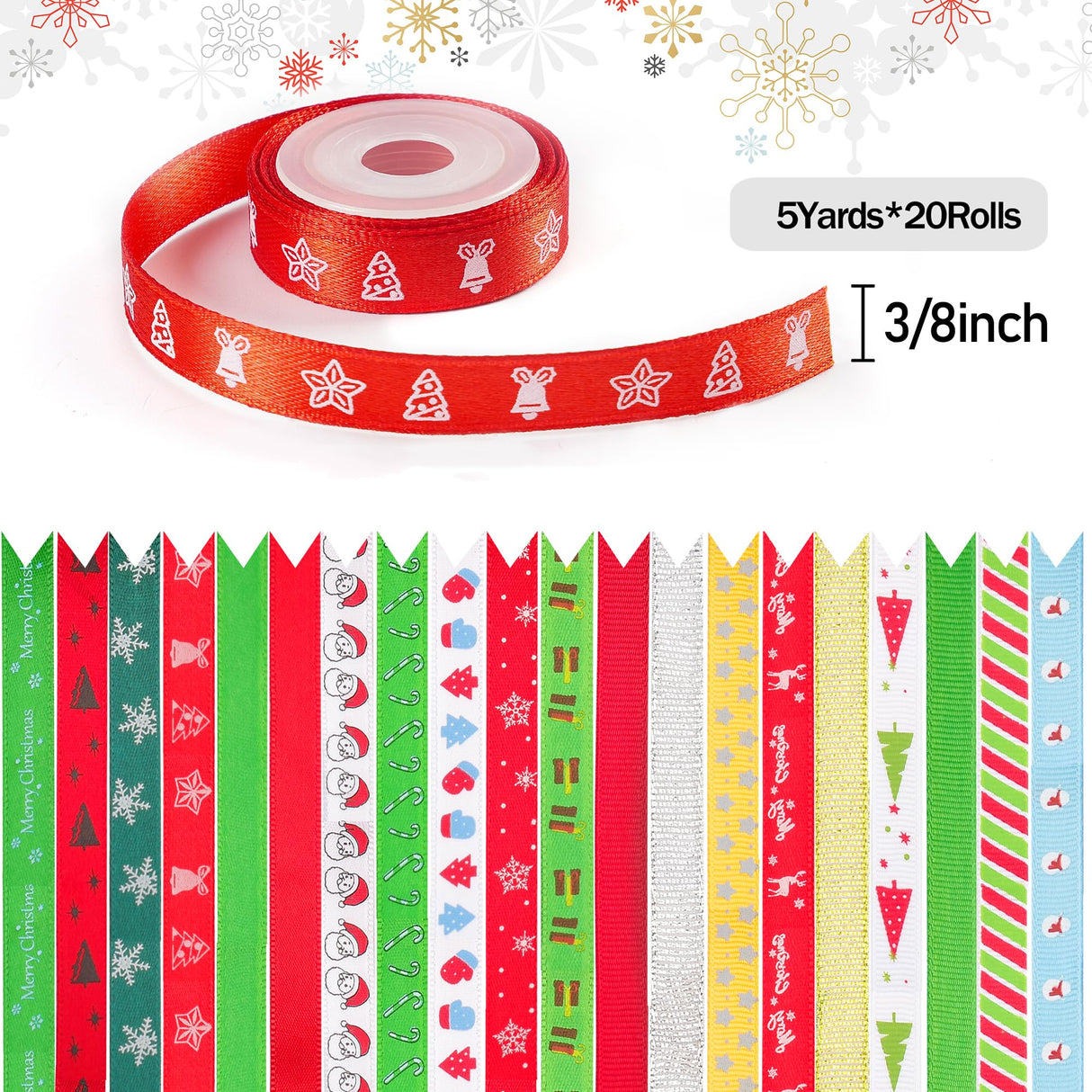 20 Rolls 100 Yards Christmas Ribbon for Gift Wrapping, 3/8 Inch Printed Christmas Grosgrain Ribbon, Christmas Ribbon for Gift Wrapping Crafts DIY Holiday Xmas Decorations CCTVRTV