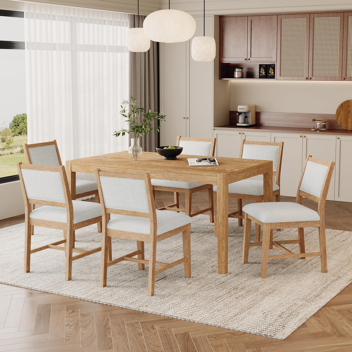 Merax 7 Pieces Retro Dining Set for 6, Rectangular Wood Dining Table with 6 Upholstered Chairs for Kitchen, Living Room, Natural Merax