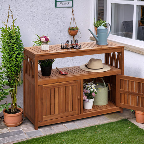 Flamaker Outdoor Storage Cabinet Weatherproof Acacia Wood Outdoor Cabinet with 2 Magnetic Doors Used for Outdoor Storage, Buffet Cabinet, TV Stand, Bar Table, Potting Table (Brown) Flamaker