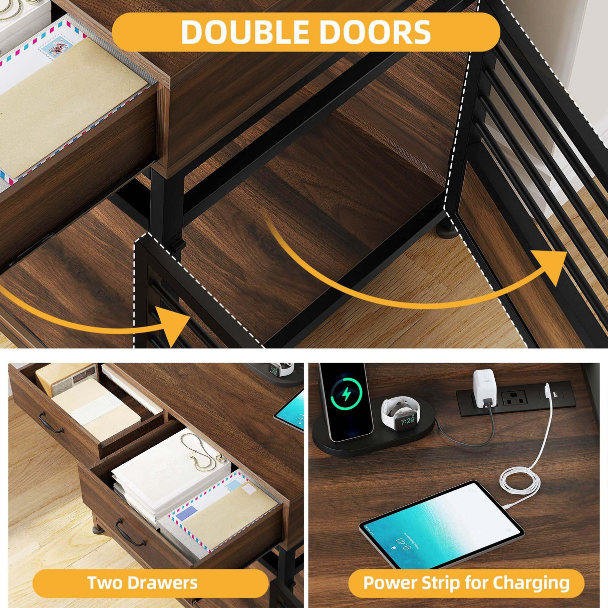 DWVO Dog Crate Furniture with Storage Shelves, Heavy Duty Dog Crate with Drawers & Charging Station, 39 Inch Dog Kennel Indoor Furniture for Large Dogs, Modern Dog Crate with Double Doors, Brown DWVO